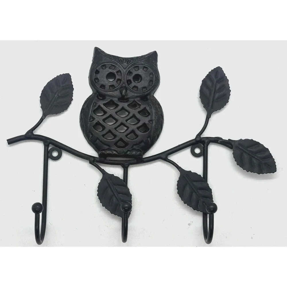 Cast Iron Owl on Metal Branch 3 Hook Wall Hanger for Towels Keys Hats Coats